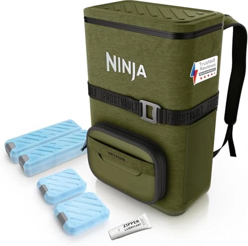 Ninja Outdoor FrostVault Go 17 Litre 24-Can Backpack Soft Cooler with Cold Dry Zone, Amazon Exclusive Olive Green + Medium Ice Pack, FF124AMZEUUKGN