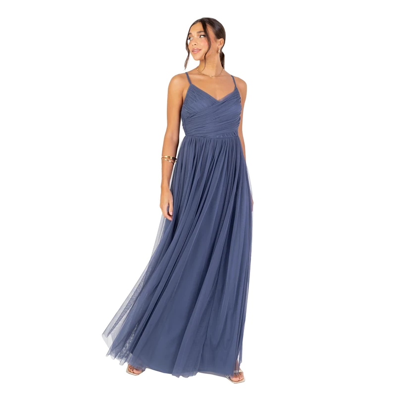 Anaya with Love Women's Maxi Dress Ladies Recycled V-Neck Sleeveless Strappy Backless A-line Tulle Bridesmaid Wedding Guest Evening Gown, Indigo Blue 16