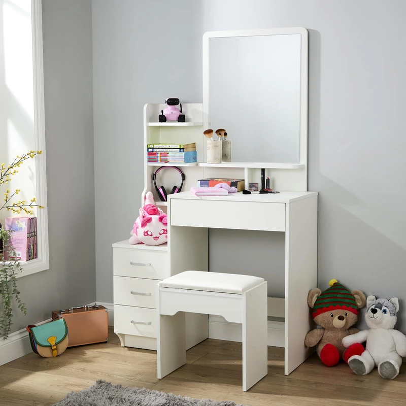 Home Source Arlo White Dressing Table Set, 46x59cm Mirror, 4 Shelves, 4 Drawer with Metal Handles, PU Padded Stool, Modern Matt White Finish Vanity Desk Station