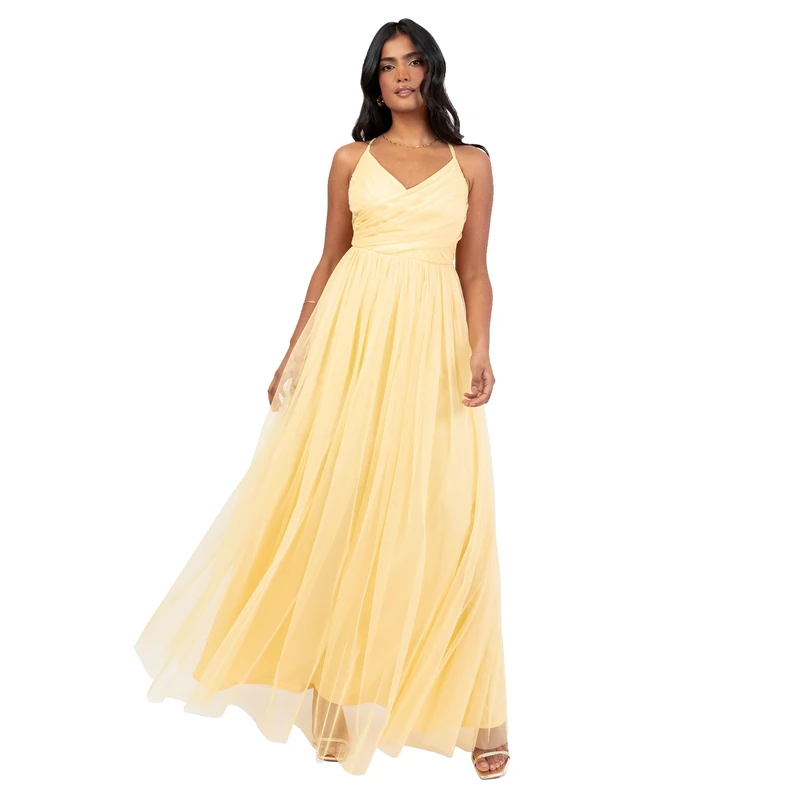 Anaya with Love Women's Maxi Dress Ladies Recycled V-Neck Sleeveless Strappy Backless A-line Tulle Bridesmaid Wedding Guest Evening Gown, Butter Yellow 14 - Image 1