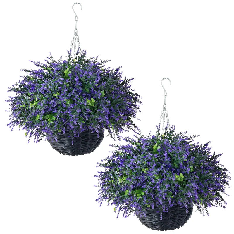 GLIDLION Artificial Eucalyptus & Lavender Hanging Basket (2 Pieces) - Realistic Fake Hanging Plants Set, Outdoor Faux Eucalyptus Leaves for Farmhouse Eaves Porch Decor | Spring,Summer,All Season