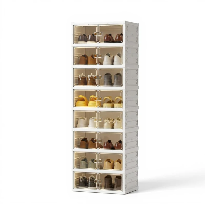 8 Tier Shoe Rack 16 Pairs Foldable Shoe Cabinet Transparent Shoe Boxes Stackable Plastic with Magnetic Door Space-Saving Folding Shoe Organiser for Shoes 45 x 35.1 x 139.5 cm