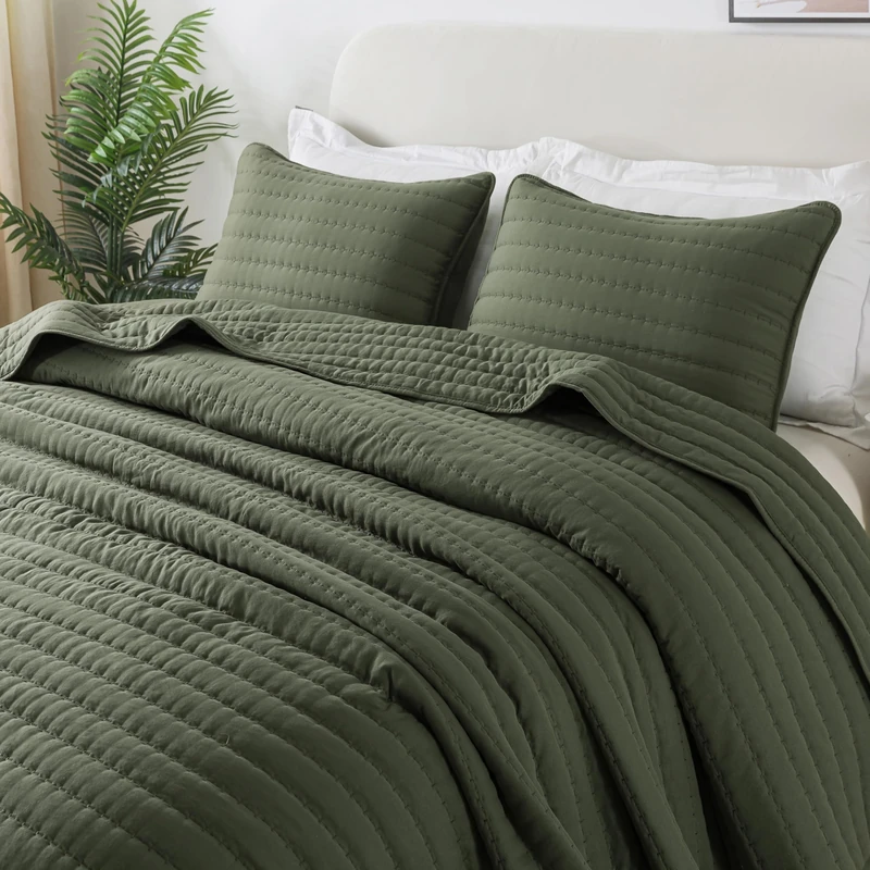 ROARINGWILD Olive Green King Size Quilt Set, Striped Pick Stitch Lightweight Bedspread, Soft Channel Farmhouse Rustic Coverlet, Spring Summer Thin Comforter, Country Bedding, 104x90 inches