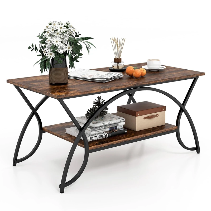 FANTASK Modern Coffee Table with Large Shelf Space Living Room Table Metal Frame Sturdy Sofa Table Rectangular 100 x 50 x 45 cm for Living Room Vintage Brown Black - Image 1