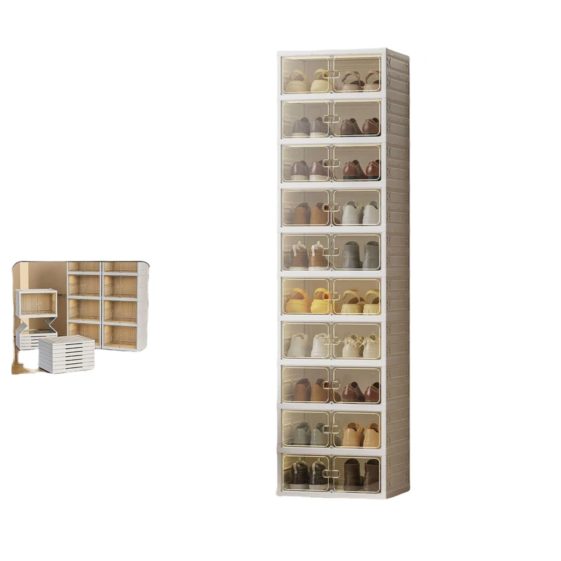 10 Tier Shoe Rack, 20 Pairs, Foldable Shoe Cabinet, Transparent, Stackable Plastic Shoe Boxes with Magnetic Door, Space-Saving, Foldable Shoe Organiser for Shoes, 45 x 35.1 x 174.5 cm - Image 1