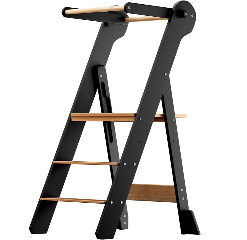 COSYLAND Montessoriana Children's Space-Saving Tower – Folding Montessorian Tower with 2 Adjustable Heights, Learning Tower for Kitchen and Bathroom (Black & Natural Classic)