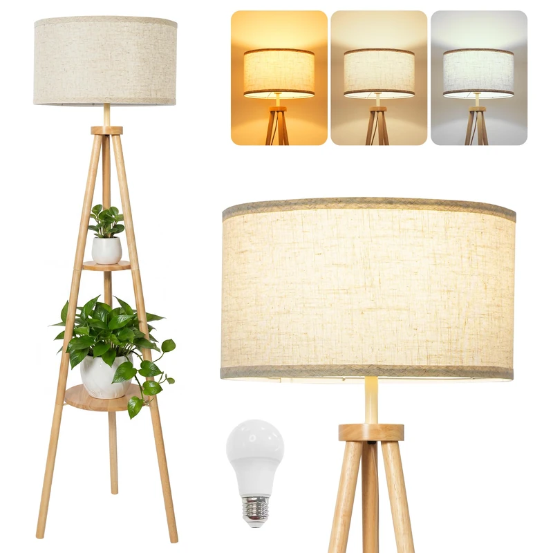LuminexDesigns Tripod Floor Lamp with Shelf, Scandinavian Wood Standing Lamp Boho with Linen Shade, Corner Floor Light with Foot Switch, Tall E27 Lamp for Living Room, Bedroom & Reading WOVI FL03