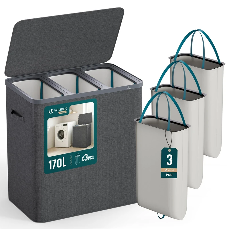 VOUNOT® 170L Laundry Basket with Lid, Rectangular 3 Compartment Laundry Hamper with Removable Bags & Handles, Foldable Laundry Bin for Bedroom, Bathroom, Utility Room, Anthracite