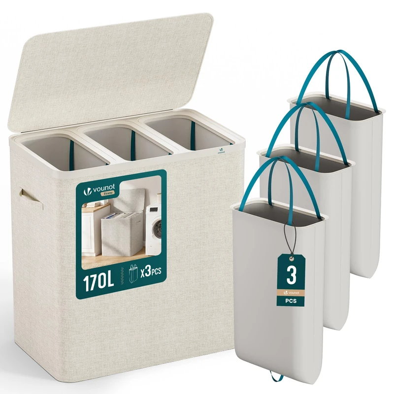 VOUNOT® 170L Laundry Basket with Lid, Rectangular 3 Compartment Laundry Hamper with Removable Bags & Handles, Foldable Laundry Bin for Bedroom, Bathroom, Utility Room, Beige