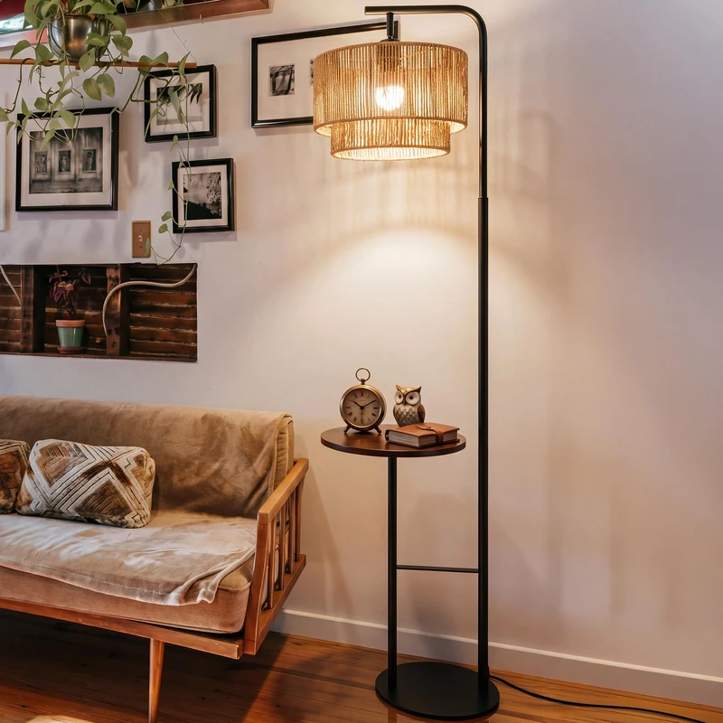LuminexDesigns Rattan Floor Lamp with Shelf, Black