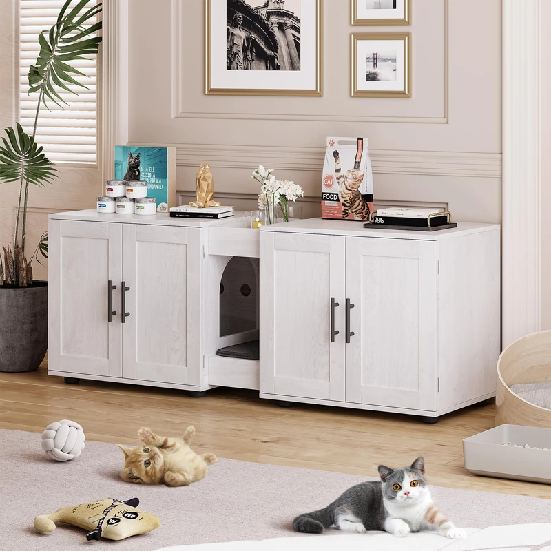 Cat Litter Box Enclosure with Scratching Mat, Hidden Litter Box Furniture, Wooden Cat Washroom Furniture, Modern Indoor Cats House, Cat Litter Cabinet for Living Room 140 x 45 x 52 cm