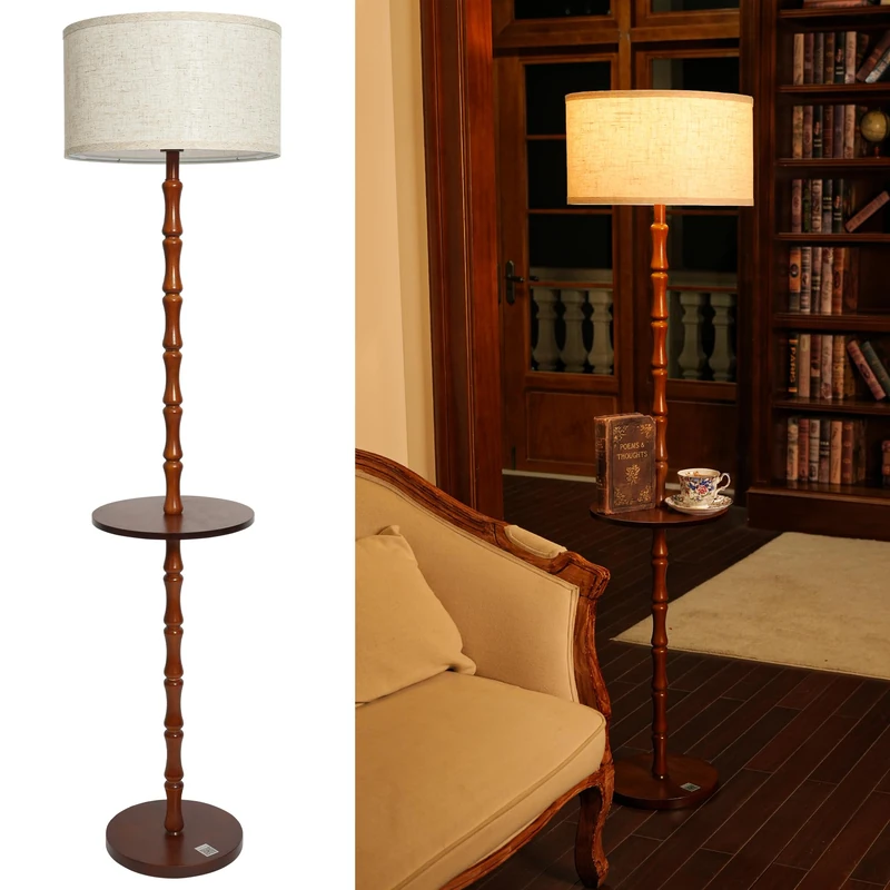 LuminexDesigns Vintage Wooden Floor Lamp Walnut with Shelf, Standing Lamp with Fabric Shade, E27 Tall Lamp, 3 Colour Temperatures Foot Switch, 161cm Standard Lamp for Living Room Bedroom & Sofa