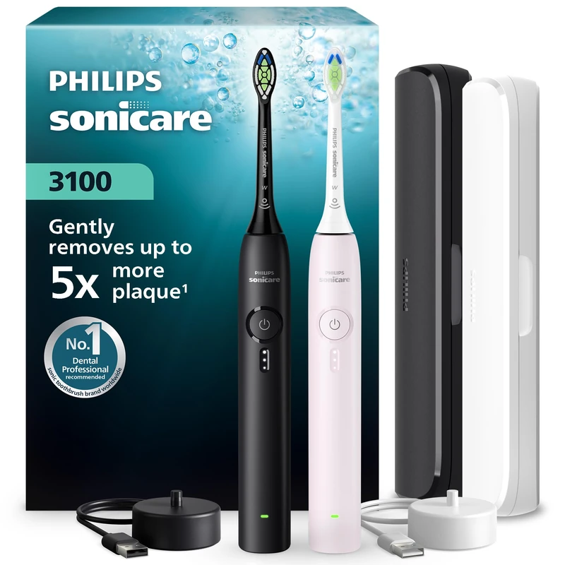 Philips Sonicare 3100 Series Electric Toothbrush - Sonic Toothbrush, Pressure Sensor, 3 Intensities, EasyStart, SmarTimer, 14-Day Runtime, Travel Case, Black & Light Pink, 2 Pack, HX4072/42, [New]