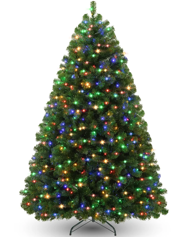 Pre Lit Christmas Tree 6ft, Artificial Xmas Tree with 250 Multi Colour LED Lights, 8 Light Modes, Bushy 1000 Branch Tips, Foldable Metal Stand, for Home Office Party Holiday Decoration