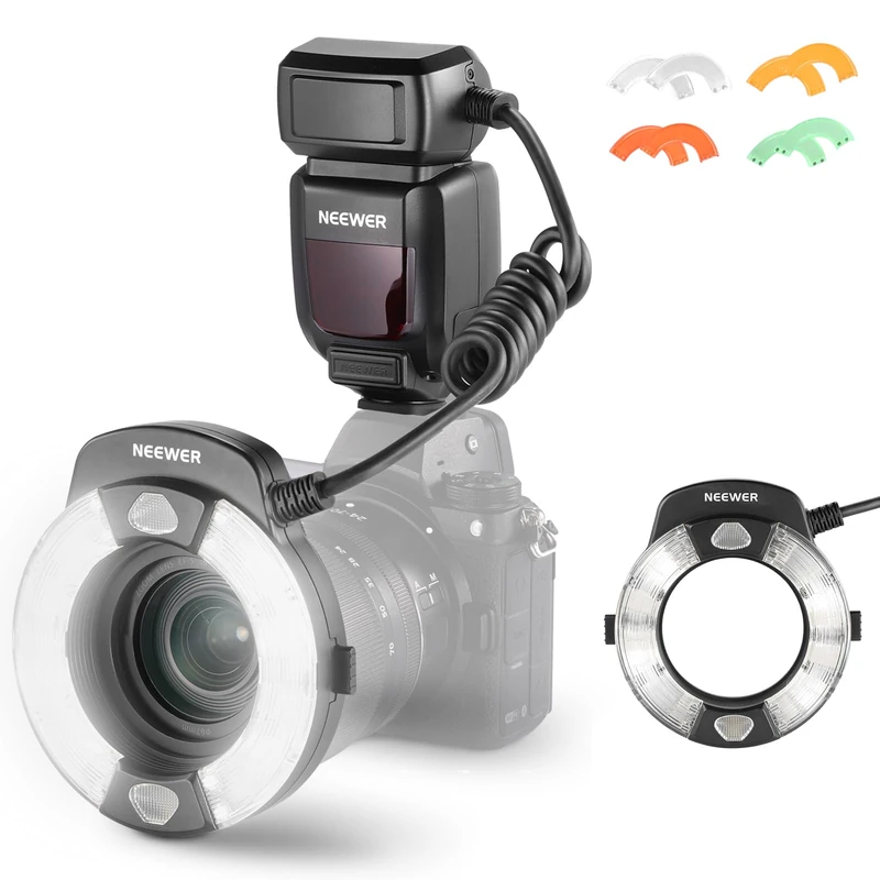 NEEWER 76Ws Marco Ring Flash Compatible with Nikon Cameras, 1-1/128 Output, GN15 5600K TTL Flash Light w Front/Rear Curtain Sync, Color Gels, Lens Adapters for Macro Photography Lighting, RF1-N