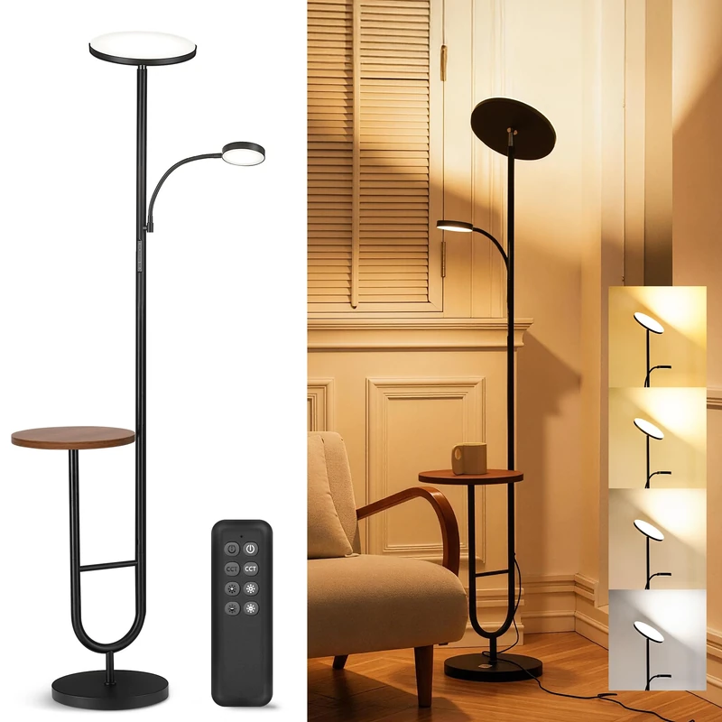 LED Uplighter Floor Lamp with Table & Reading Light, Super Bright 36W Dimmable Standing Lamp with Shelf, Remote & Touch Control, 1H Timer, Modern Floor Lamp with Brown Shelf for Living Room Bedroom