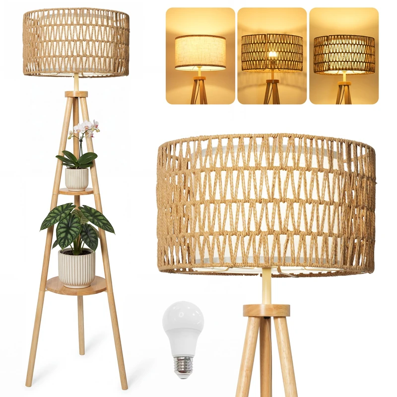 LuminexDesigns Tripod Floor Lamp Wooden with 2 Shelves, Double Rattan & Fabric Shade Standing Lamp, Boho Corner Lamp 154cm 3 Colour Temperatures via Foot Switch, E27 Bulb, for Living Room Bedroom