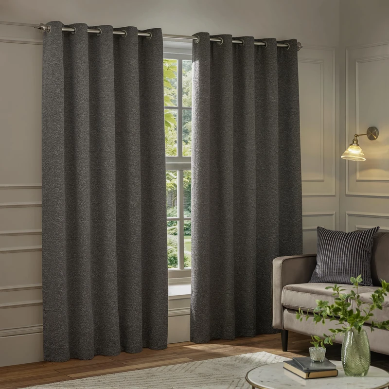 Paoletti Galaxy Eyelet Curtain Pair – Lined Room Darkening Luxury Opulent Chenille Curtains (Charcoal - 229x183cm)
