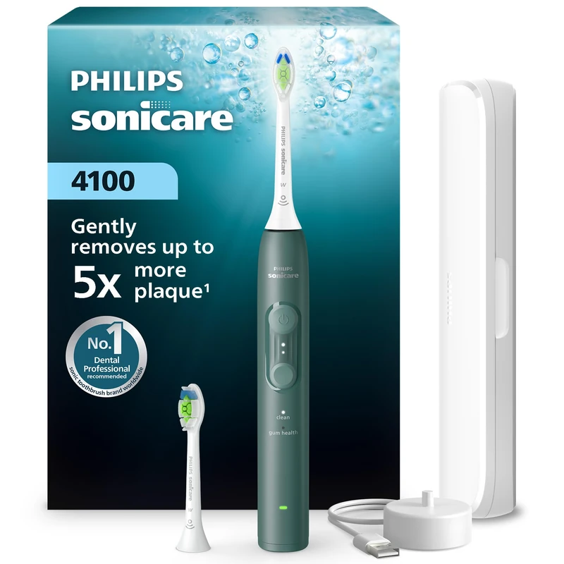 Philips Sonicare 4100 Series Electric Toothbrush - Sonic Toothbrush with Pressure Sensor, 4 Brushing Settings, EasyStart, SmarTimer, 21-Day Runtime, Travel Case, Forest Green, HX4042/46, [New]