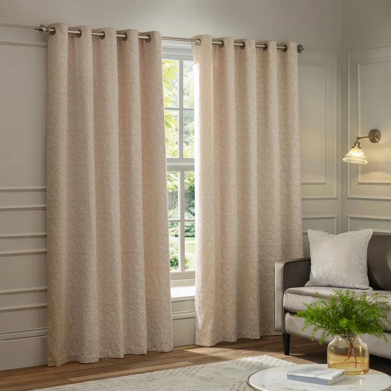 Paoletti Galaxy Eyelet Curtain Pair – Lined Room Darkening Luxury Opulent Chenille Curtains (Blush - 117x183cm)