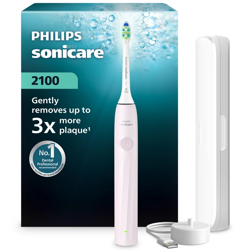Philips Sonicare 2100 Series Electric Toothbrush - Sonic Toothbrush with 2 Intensity Levels, EasyStart Feature, SmarTimer, 14-Day Runtime, Travel Case, Light Pink, Model HX4023/03, [New]