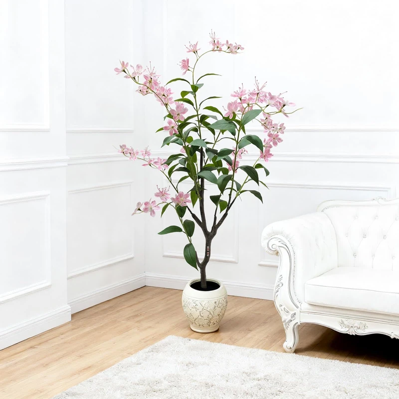 Artificial Jasmine Tree with Realistic Leaves & Pink Flowers in White Pot Artificial Tree Indoor Plant for Wedding Party Garden Office Decoration 120 cm - Image 1