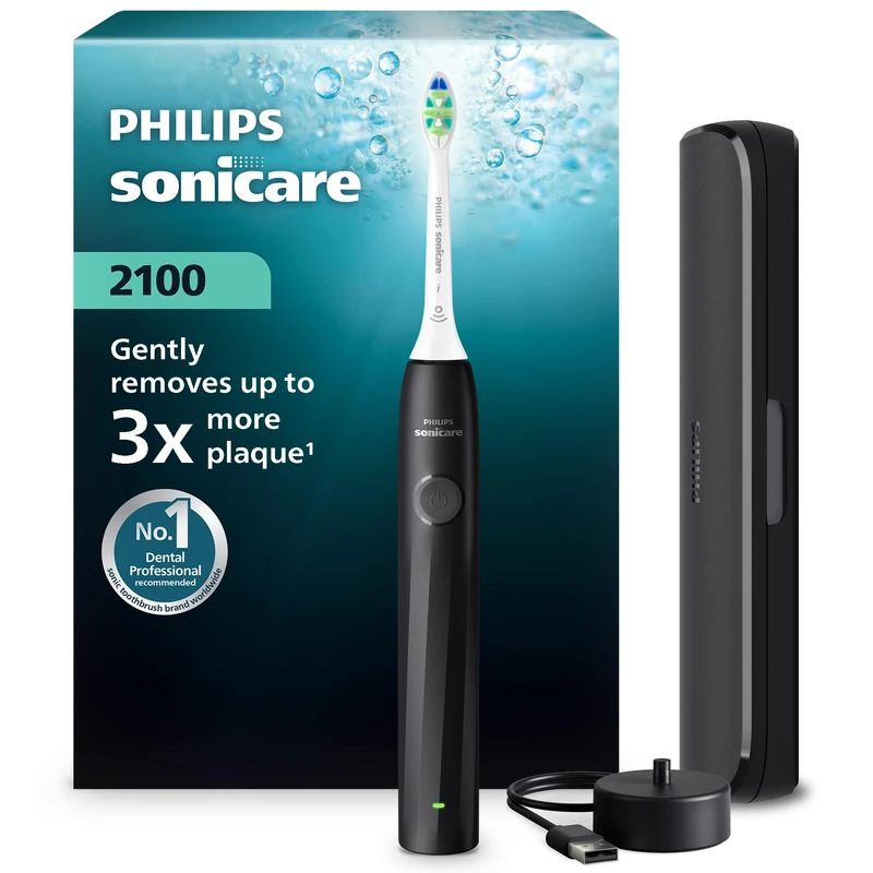 Philips Sonicare 2100 Series Electric Toothbrush - Sonic Toothbrush with 2 Intensity Levels, EasyStart Feature, SmarTimer, 14-Day Runtime, Travel Case, Black, Model HX4023/02, [New]