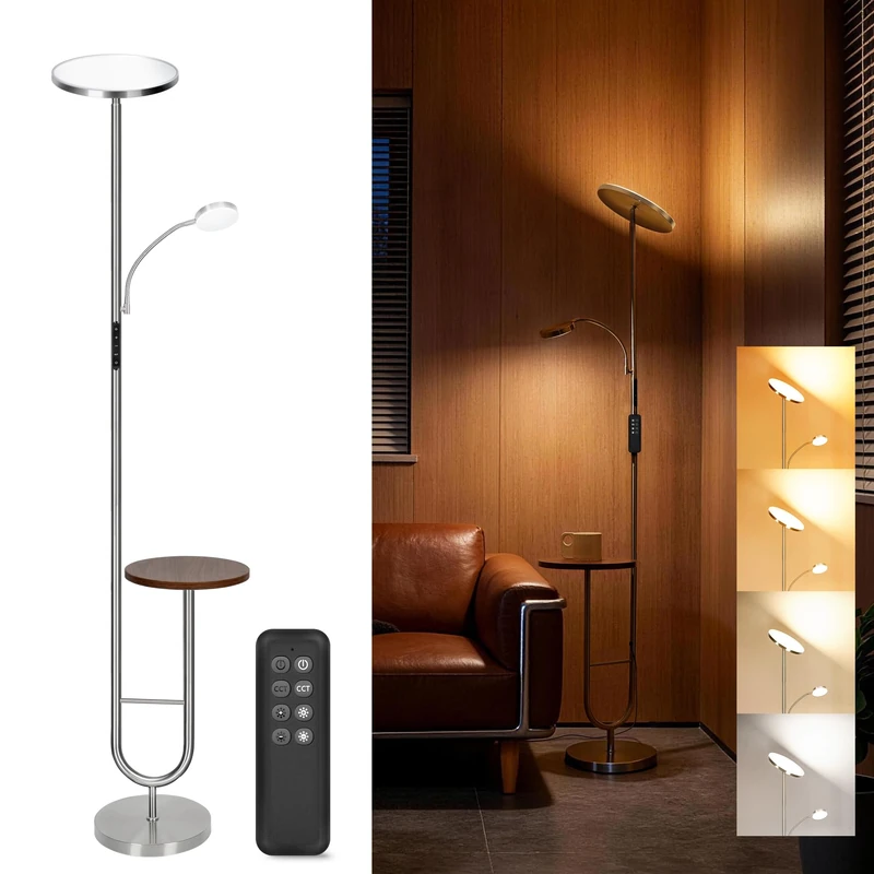 LED Uplighter Floor Lamp with Table & Reading Light, Super Bright 36W Dimmable Standing Lamp with Shelf, Remote & Touch Control, 1H Timer, Modern Floor Lamp for Living Room Bedroom, Brushed Nickel