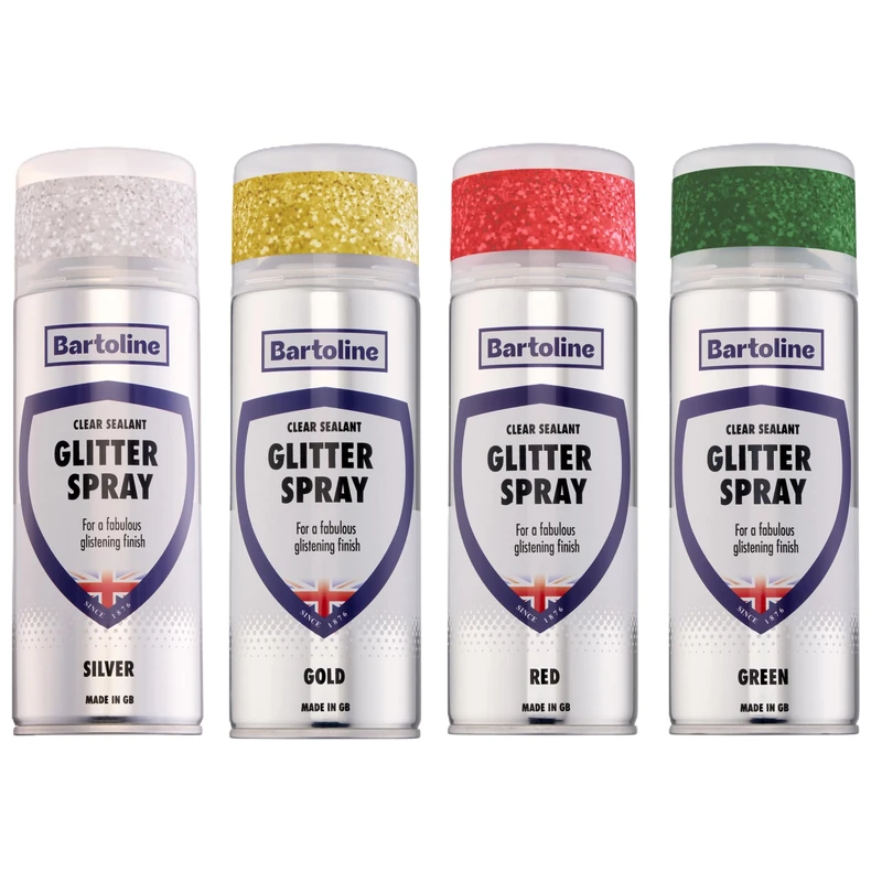 Bundle of Bartoline Glitter Sprays: 4×400ml clear sealants with fine silver, gold, red and green glitter for multi-surface indoor outdoor use on wood, metal, plastic, fabric.