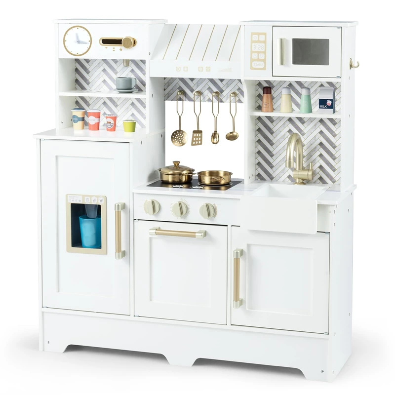 GYMAX Kids Play Kitchen, Wooden Toy Kitchen with Stoves, Microwave, Ice Dispenser, Coffee Station, Range Hood and Accessories, Children Cooking Role Playset for 3+ Years Old
