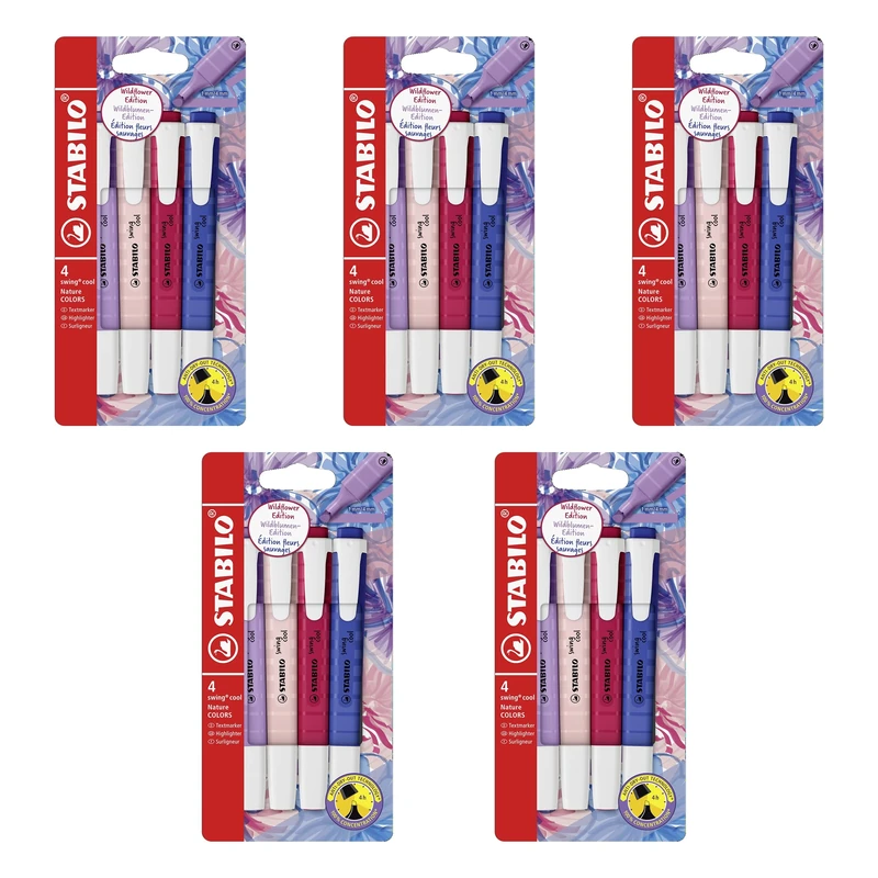 STABILO swing cool NatureCOLORS Wildflower - Highlighter - 5 x Pack of 4 - Blush, Burgundy, Grey Violet and Ultramarine
