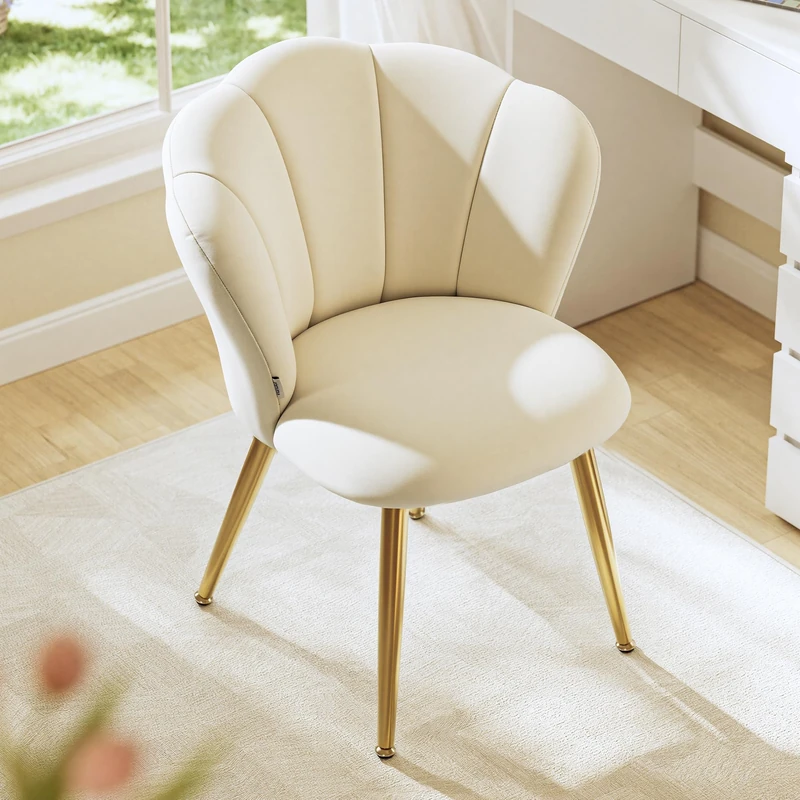 VASAGLE Dining Chair, Petal Shaped Backrest, Upholstered Velvet Vanity Chair, Loads 150 kg, Steel Legs, for Kitchen, Living Room, Bedroom, Cream White KDC099W101