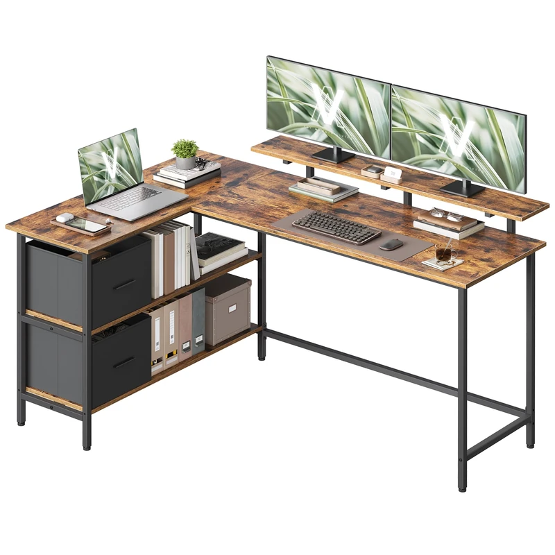 VASAGLE L-Shaped Desk with 2 Spacious Drawers, Gaming Desk with Monitor Stand, Corner Desk, Computer Desk with Adjustable Storage Shelf, for Home Office, 155 x 105 cm, Rustic Brown LWD129K101