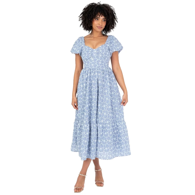 Lovedrobe Women’s Light Blue Broderie Midaxi Dress Sweetheart Neck Puff Sleeve A-Line Summer Dress High Waist Tiered Skirt Holiday & Occasion Outfit Size 14