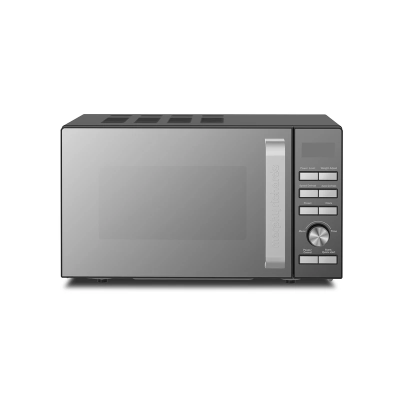 Morphy Richards Digital Microwave with Mirror Glass Door, 20L Capacity, 95 Minute Timer fo Cooking, 6 Power Levels, Defrost mode, Glass Turntable, 800W, Matt Black & Silver, Easy Clean, 511443