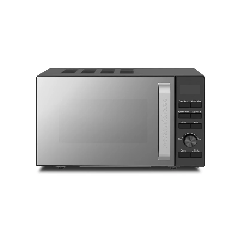 Morphy Richards Digital Microwave with Mirror Glass Door, 20L Capacity, 95 Minute Timer fo Cooking, 6 Power Levels, Defrost mode, Glass Turntable, 800W, Matt Black, Easy Clean, 511444