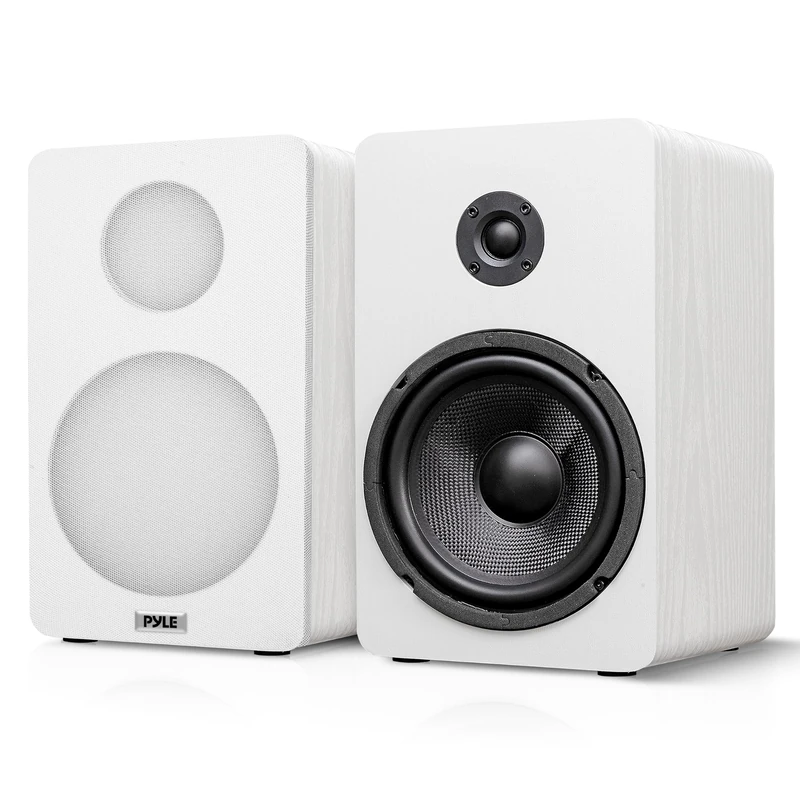 Pyle Bookshelf Speakers Passive Hi-Fi – 16.5 cm Stereo Speakers with Wall Mount Brackets, 200W Max Power, RCA Input, Paper Cone Woofer, Soft Dome Tweeter, For Turntables, Vinyl, DJ & Home Audio, White