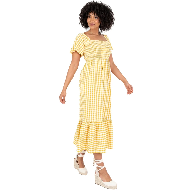Lovedrobe Women’s Yellow Gingham Midaxi Dress Square Neck Puff Sleeve Smocked Bodice A-Line Summer Dress Tiered Hem Holiday Size 18 - Image 1