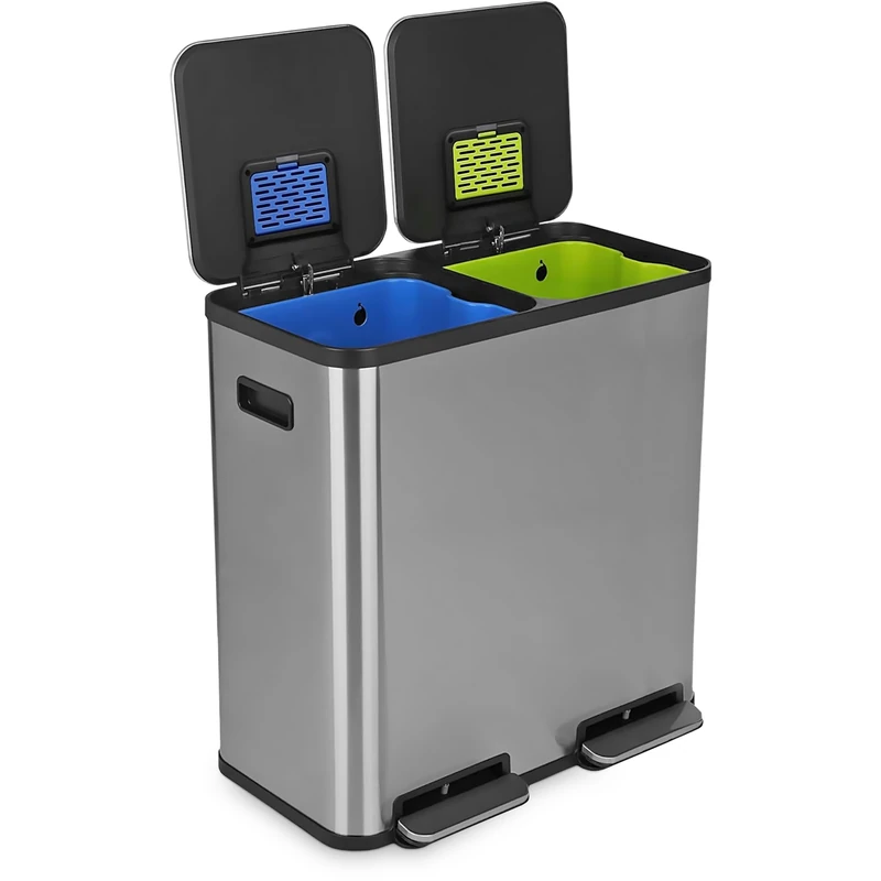 80 Liter / 21 Gallon Rectangular Hands-Free Dual Compartment Recycling Kitchen Step Trash Can with Soft-Close Single Lid, Stainless Steel (40L x 40 L Capacity) Stainless Steel Finish