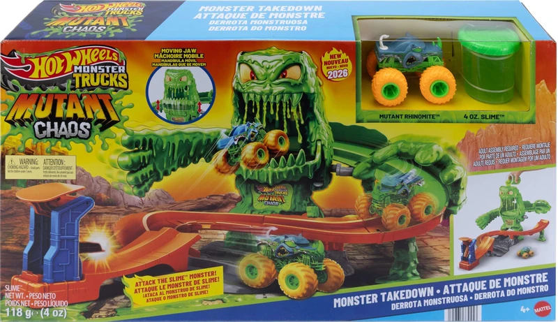 Hot Wheels Monster Trucks Toy Truck Playset, Mutant Monster Takedown Playset with 1:64 Scale Mutant Rhinomite & 4 Ounces of Reusable Slime, JMK90