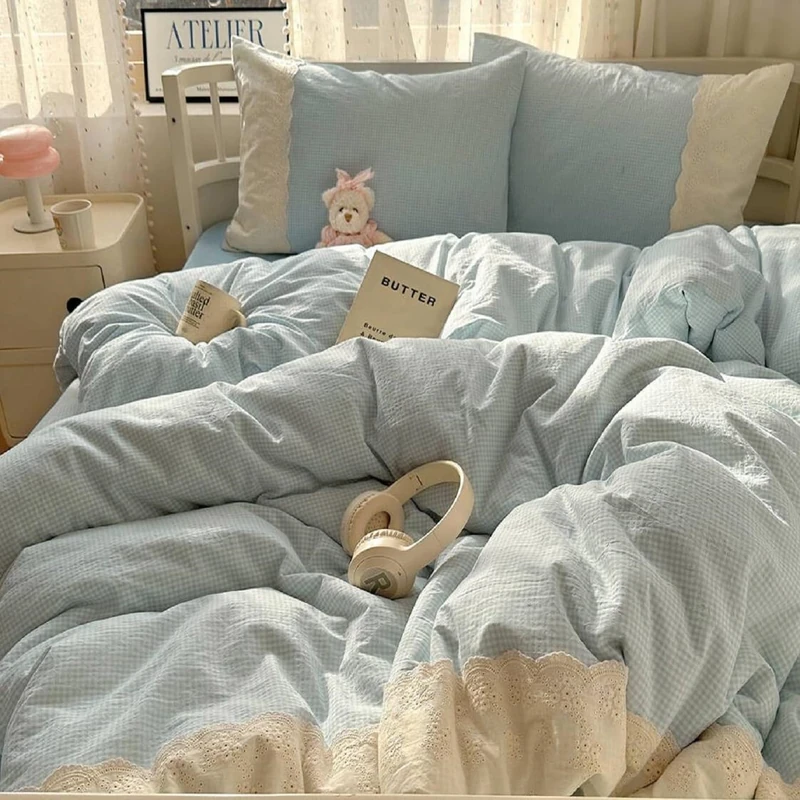 LifeTB Blue Gingham Comforter Set Full Size Romantic Lace Style Checkered Plaid Comforter Set 3 Pieces Blue Grid Bed Comforter with 2 Pillowcases Soft Fluffy Farmhouse Plaid Gingham Bedding Set