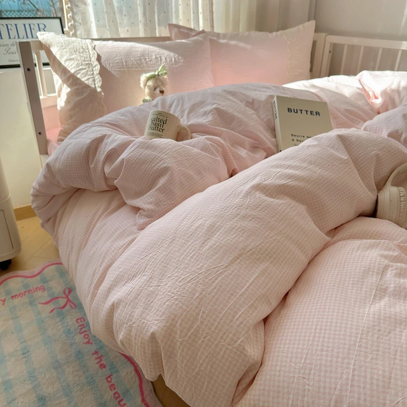 LifeTB Pink Gingham Comforter Set King Fluffy Soft Microfiber Pink Grid Bedding Comforter Romantic Lace Style Farmhouse Gingham Bedding Set Vintage Plaid Checkered Comforter Set for All Seasons