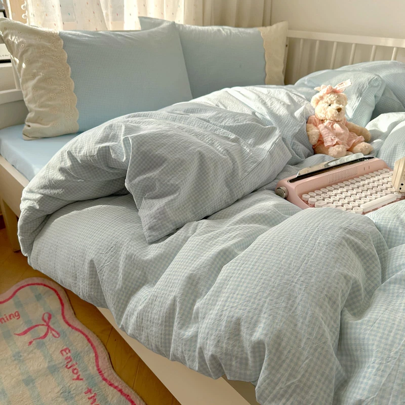 LifeTB Blue Gingham Comforter Set Queen Romantic Lace Style Plaid Checkered Comforter Set Cute Grid Bed Comforter with 2 Pillowcases Cozy Gingham Bedding Set Blue Plaid Comforter for Teen Girls