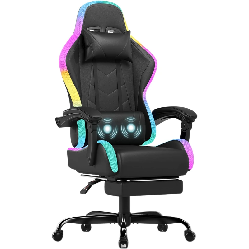 JUMMICO LED Gaming Chair with Massage Lumbar Support & Footrest, Ergonomic Reclining Gamer Chair for Adults, High Back PU Leather PC Chair with RGB Lights, Black