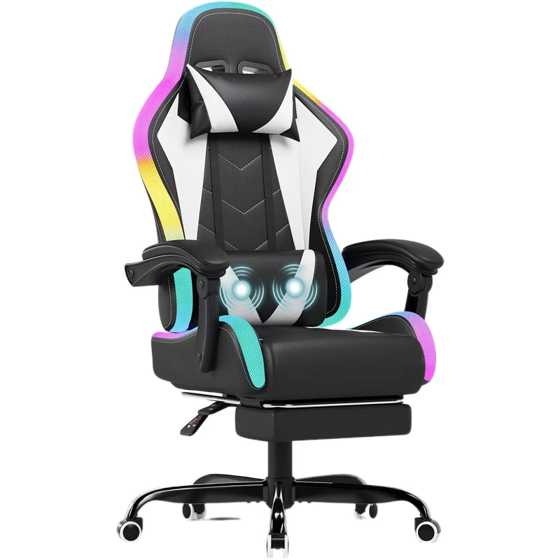 JUMMICO LED Gaming Chair with Massage Lumbar Support & Footrest, Ergonomic Reclining Gamer Chair for Adults, High Back PU Leather PC Chair with RGB Lights, White