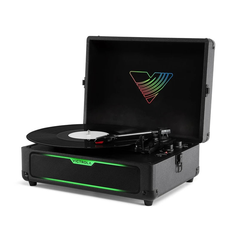 Journey Glow – Illuminated Suitcase Record Player – 18 RGB Light Effects, Music Pulse Modes, Stereo Speakers with Enhanced Bass, Bluetooth Input and Output (Black)
