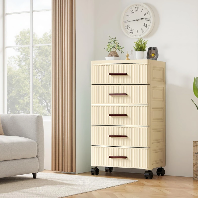 GarveeHome Chest of Drawers with Drawers, 5 Levels Rolling Container Drawer Cabinet Bedside Table Plastic Freestanding Bedside Cabinet for Bedroom and Living Room, 48 x 30 x 84.5 cm