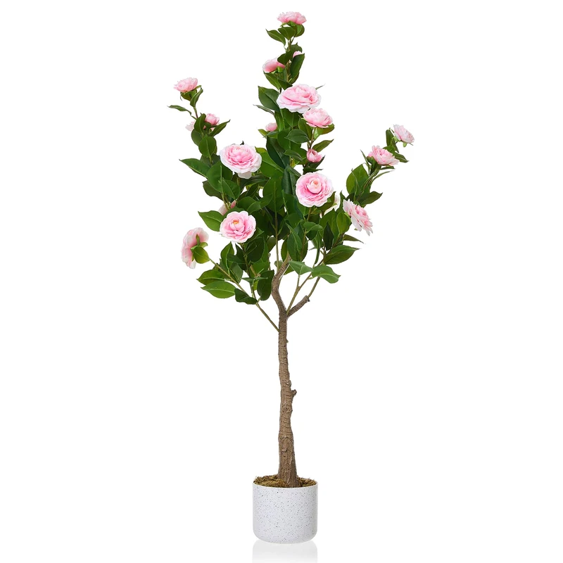 GarveeHome Artificial Camellia Tree (75/85/90/110/120 cm), Artificial Camellia Plant with 16/20/24 Flowers, Artificial Plant in Pot for Home, Front Door, Indoor and Outdoor