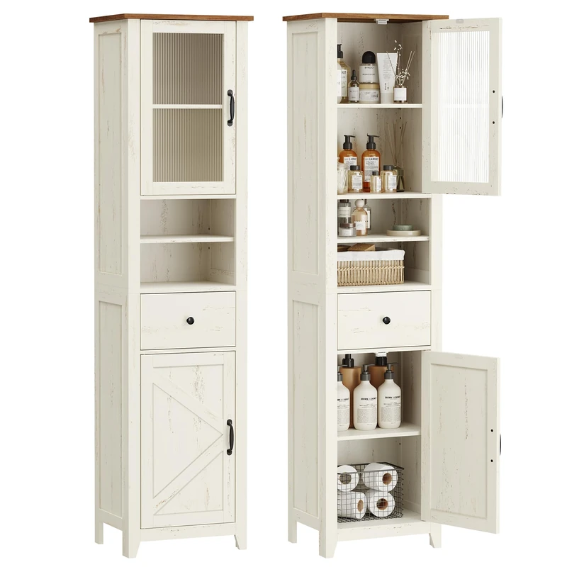 VASAGLE LIRY Collection - Bathroom Cabinet in Country House Style, Bathroom Cabinet, Narrow Bathroom Furniture, Open Compartments, 1 Drawer, with Doors, Vintage White/Honey Brown, 31.5 x 40 x 171 cm