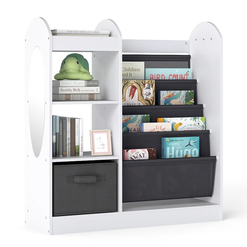 FANTASK Children's Bookcase, Storage Shelf with Mirror and 4-Layer Compartments, Fabric Drawer and 3 Hooks, Newspaper Rack for Children's Room, Playroom, White - Image 1
